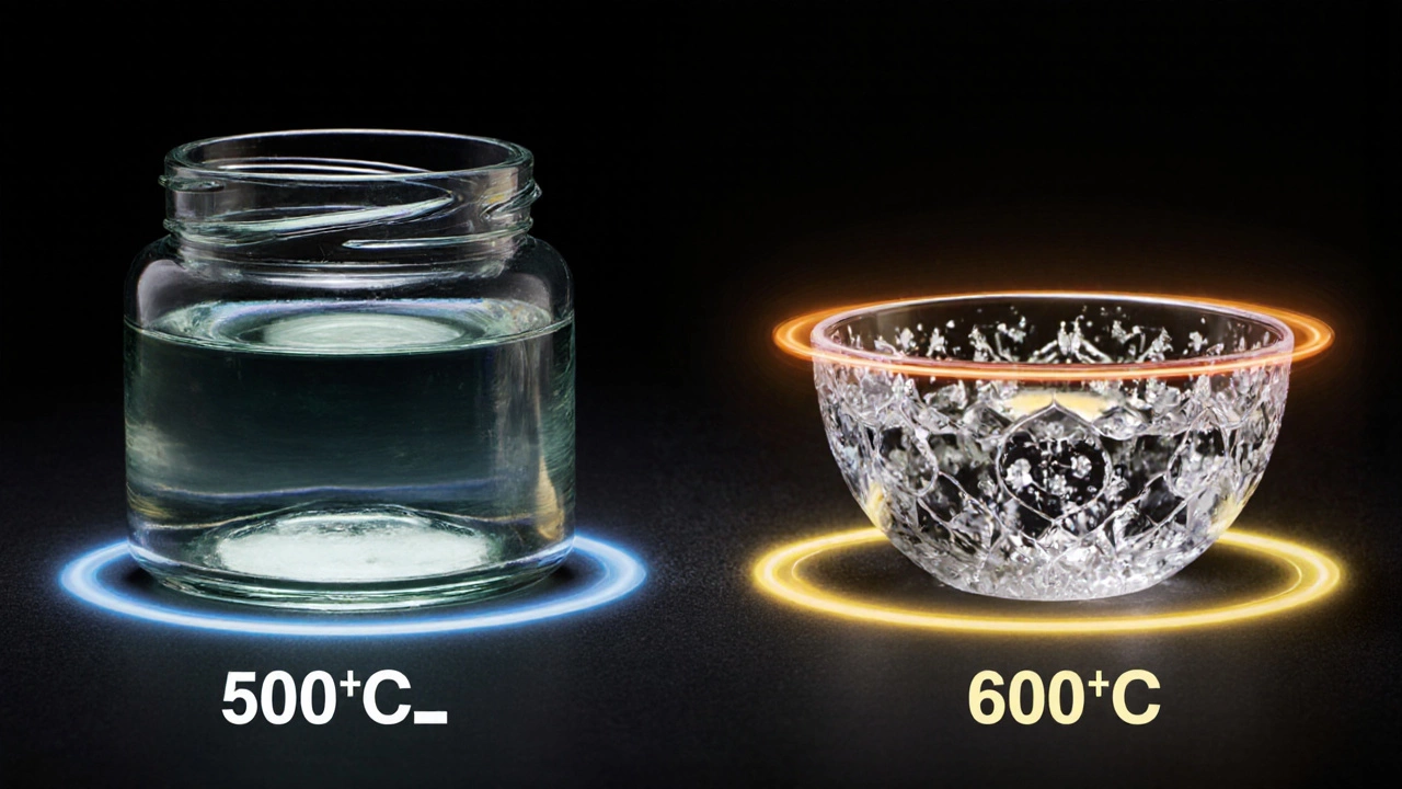 Близкие крупные планы боросиликатного и каменного стекла с визуальными тепловыми ореалами.