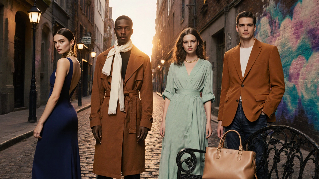 Четыре модели в индиго, терракоте, мяте и янтаре на вечерней городской улице, с бежевой сумкой.