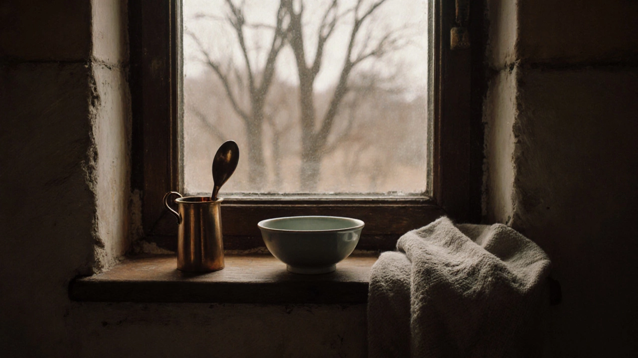 Фарфоровая миска серо-зелёного оттенка на деревянной полке с медной ложкой и кухонным полотенцем.