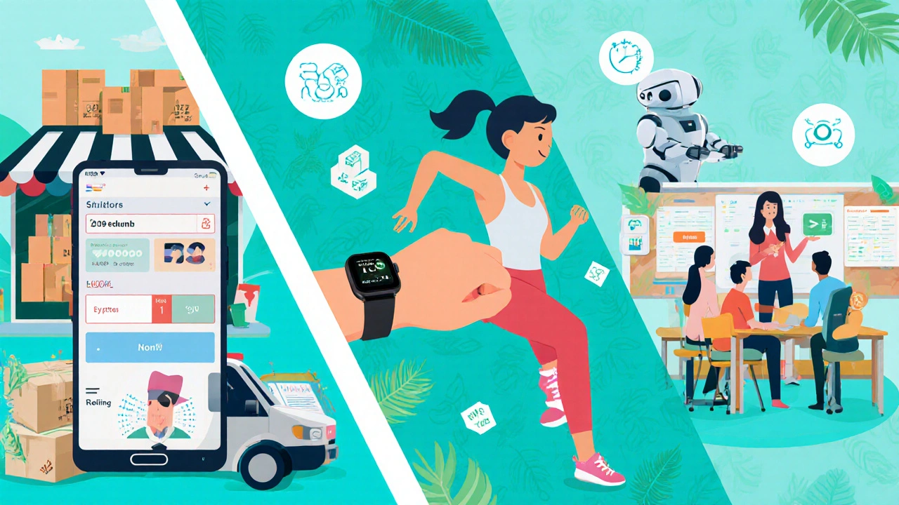Иллюстрация популярных бизнес‑ниш 2024: e‑commerce, фитнес, образование, AI и эко‑товары.