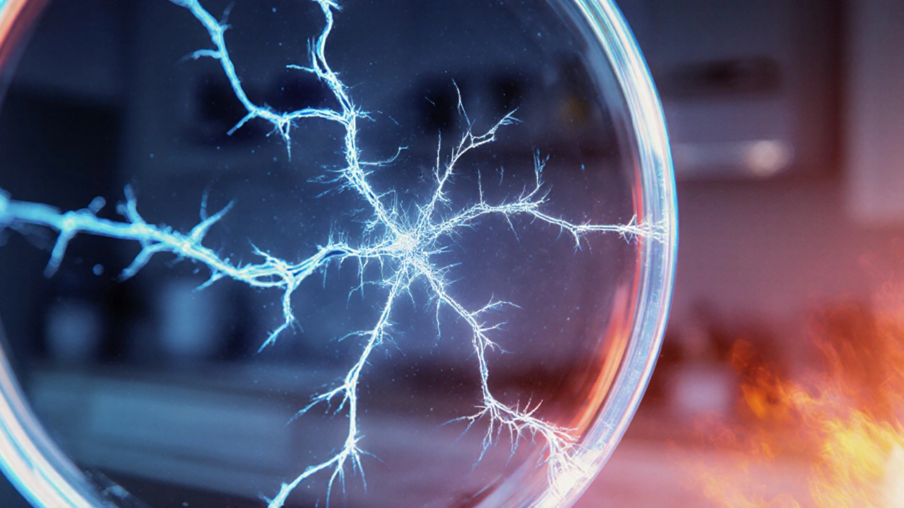 Микроскопический вид трещин в стекле под напряжением от перепада температур.