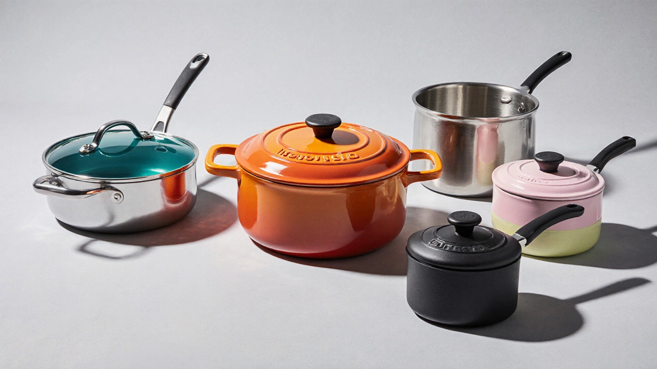 Пять наборов посуды от Tefal, Le Creuset, Skelet, Bialetti и Emile Henry, каждый в характерных цветах и формах.