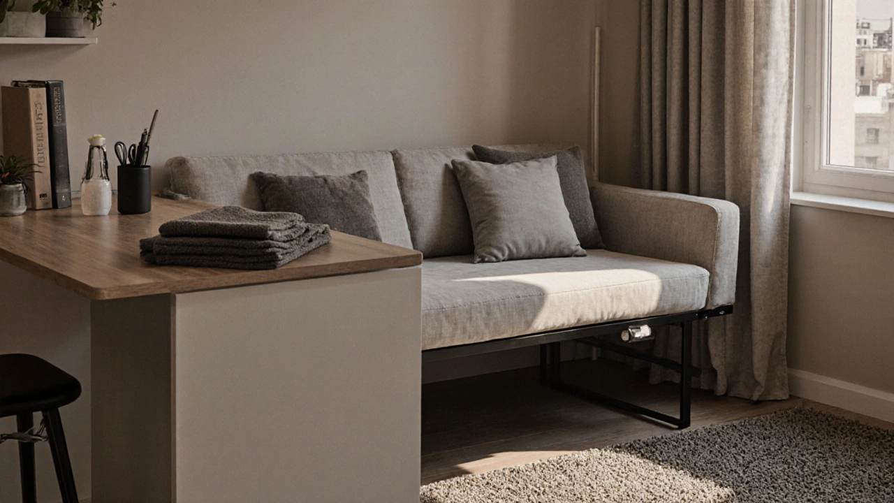 Преобразуемый диван-кровать в маленькой квартире, плавно превращающийся в рабочий стол.