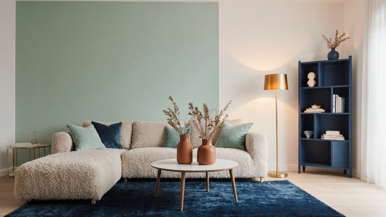 Современная гостиная с бежевой мебелью, индиго‑ковром, мятной стеной, терракотовыми вазами и янтарной лампой.