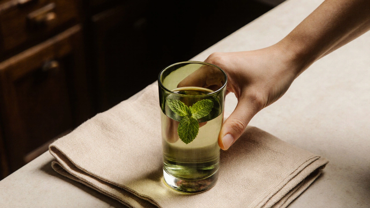 Стеклянный бокал тёмно-оливкового цвета с мятным листом и тёплой бежевой салфеткой.