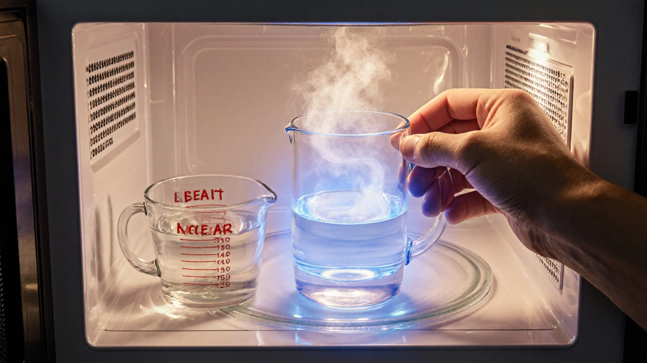 Тестирование стеклянной чашки в микроволновке: стакан с водой нагревается, чашка остаётся холодной.