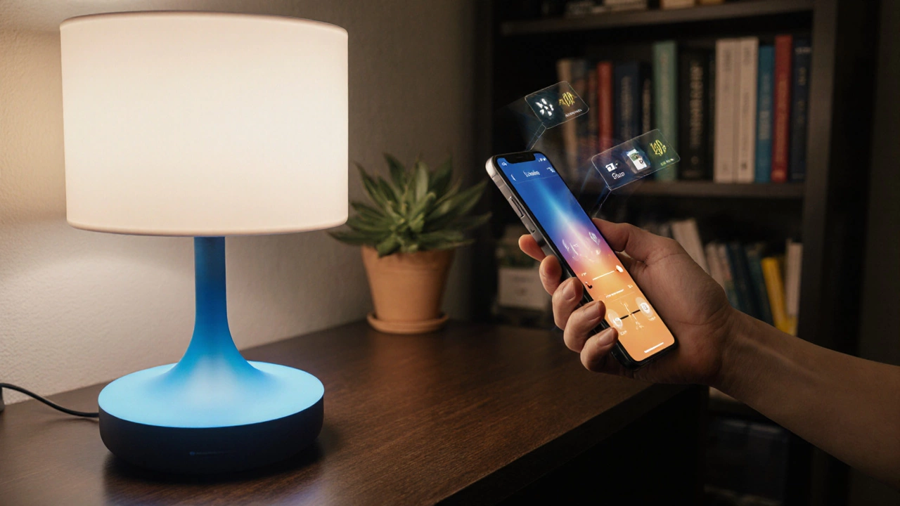 Умная светодиодная лампа меняет цвет под управлением смартфона в уютном уголке