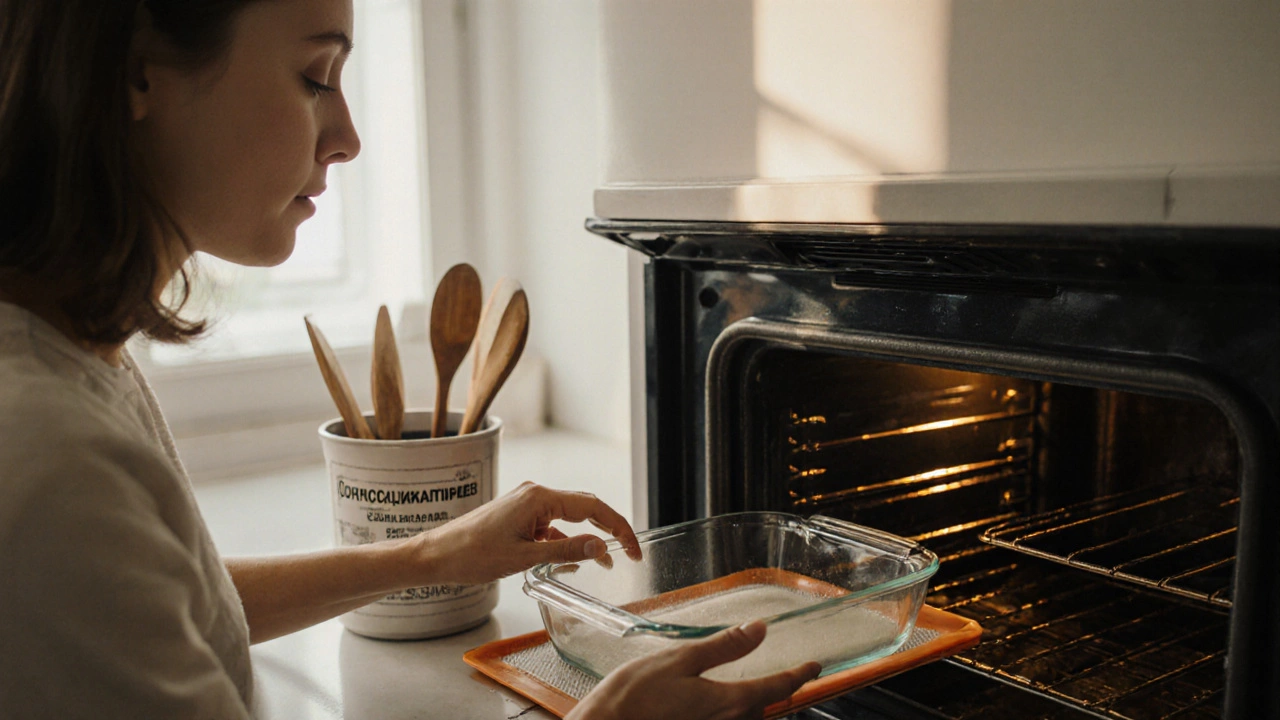 Женщина осторожно ставит стеклянную форму на силиконовый коврик в духовку.