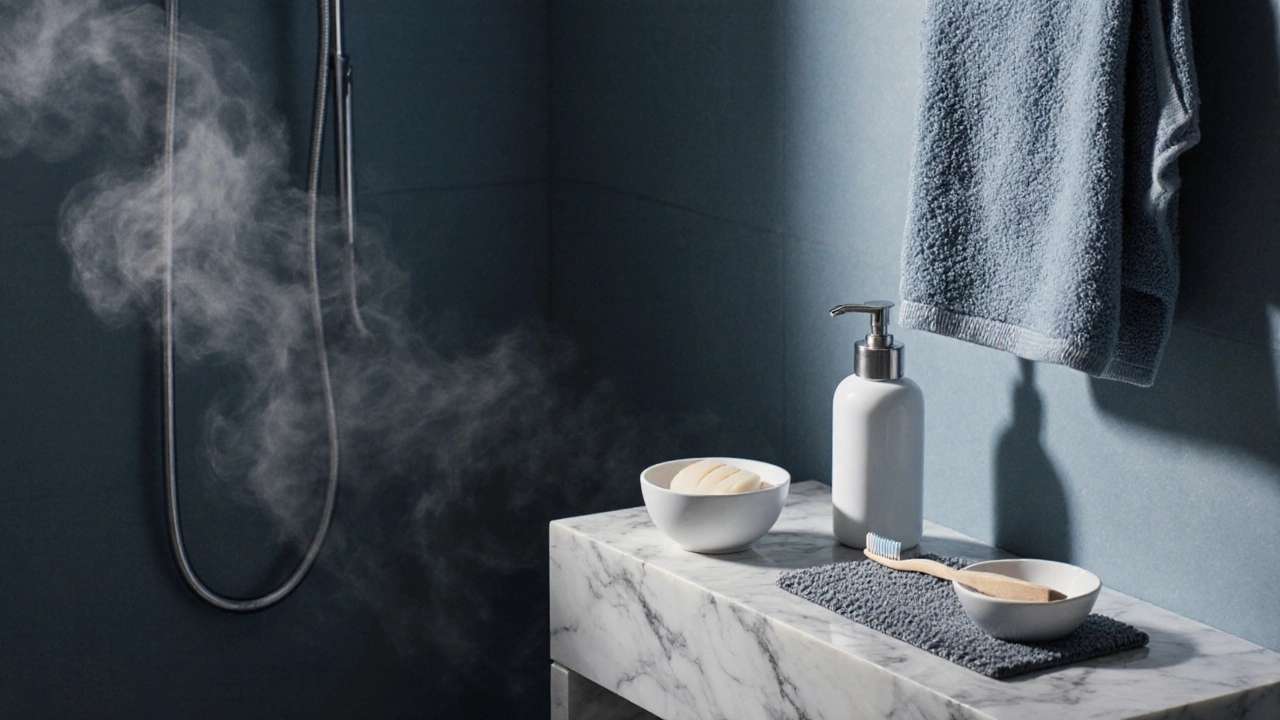 Чистая ванная с мыльницами, ковриком и дозатором шампуня на фоне пара