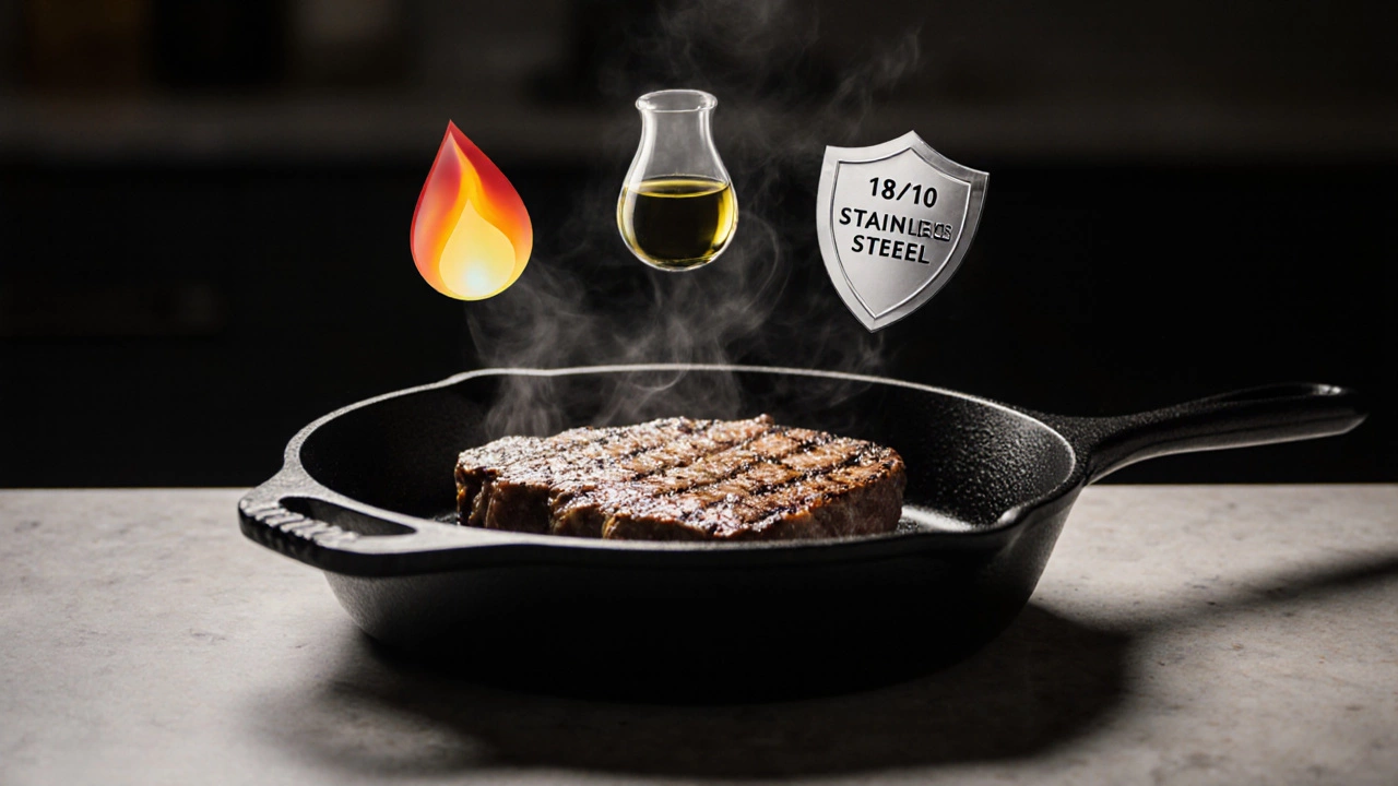 Чугунная сковорода с жареным мясом и символами безопасных материалов