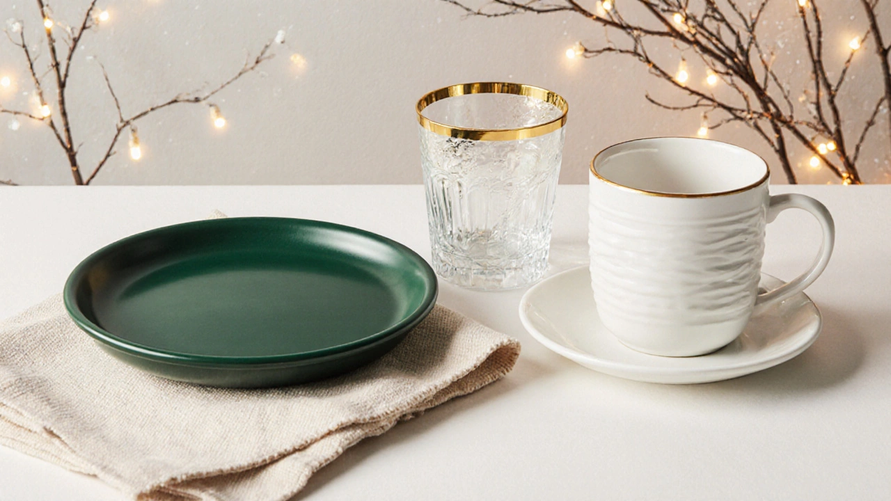 Детали посуды: зелёная тарелка, бокал с золотой каймой и белая чашка на бежевой салфетке.