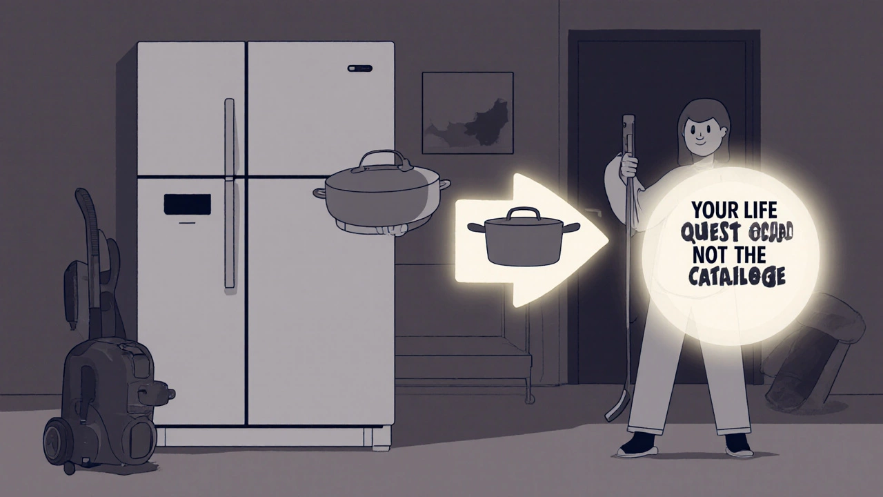 Два образа одного человека: один с громоздкой техникой, другой с минималистичными предметами в маленькой квартире.