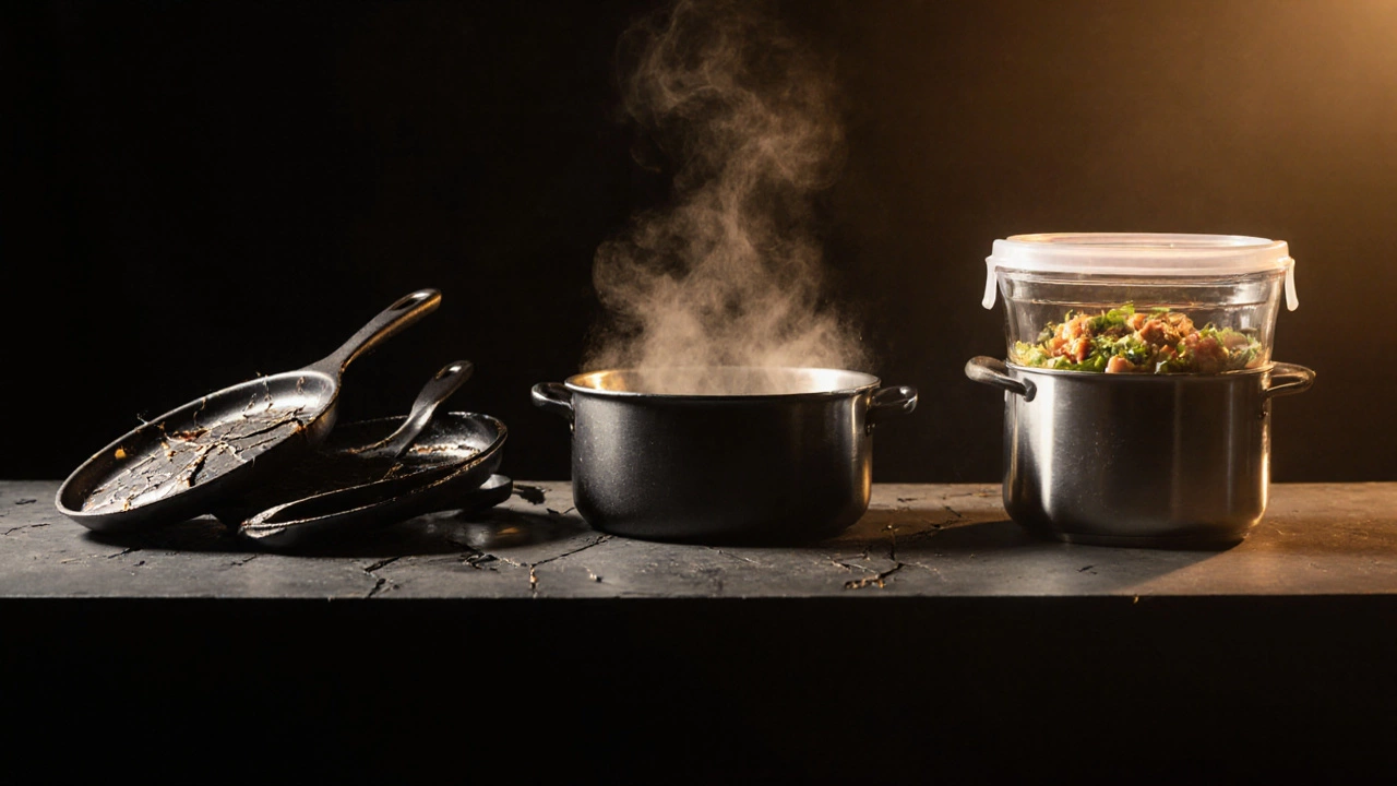 Хронология кухонной посуды: сломанные сковородки, безопасные чугун и нержавейка, стеклянный контейнер с силиконовой крышкой.