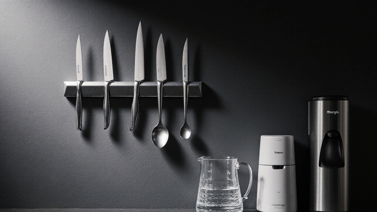 Магнитная полоса для ножей и автоматический дозатор рядом с фильтром для воды на кухне.