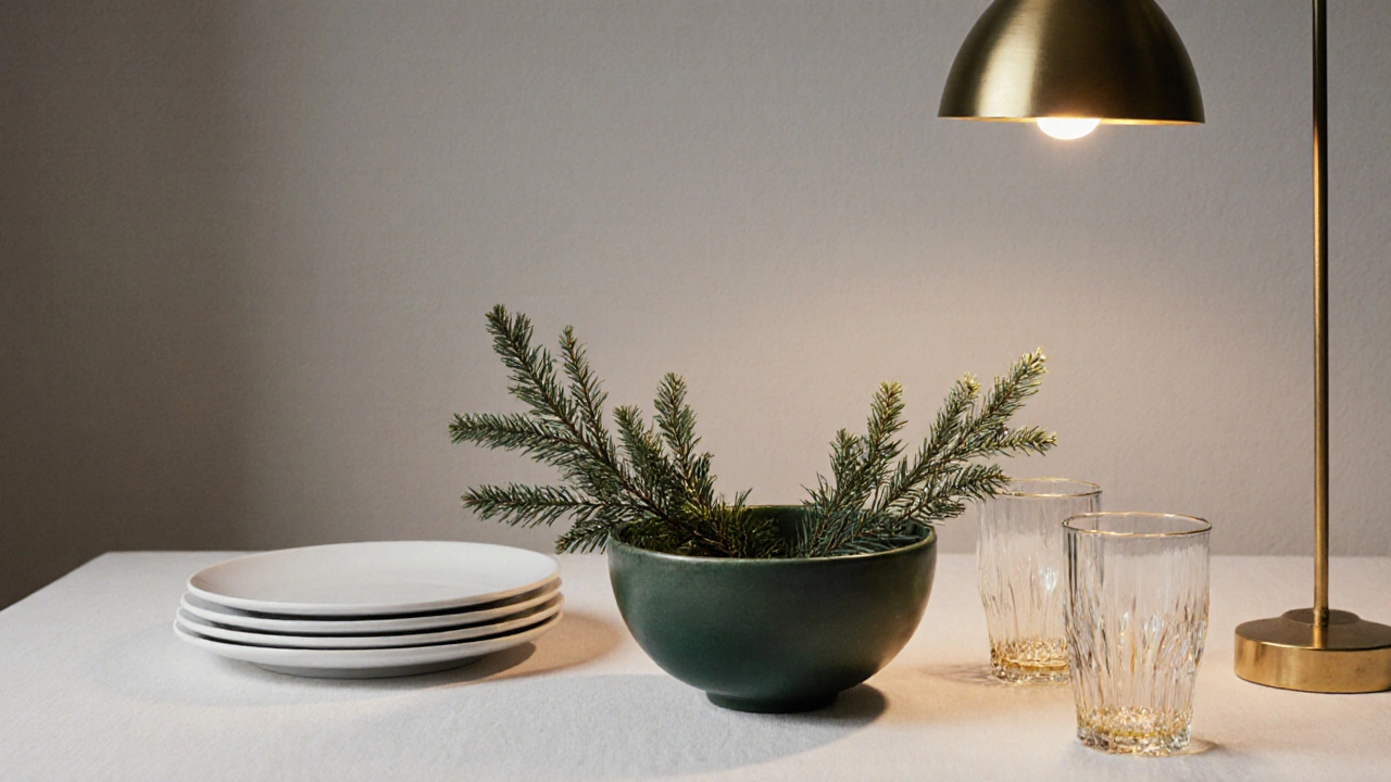 Минималистичная композиция: зелёная ваза с можжевельником, белая посуда и золотые бокалы без лишних украшений.