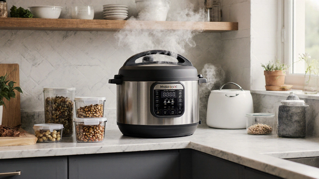 Многофункциональная мультиварка с функцией вакуумной упаковки на кухне, заменяющая несколько приборов.
