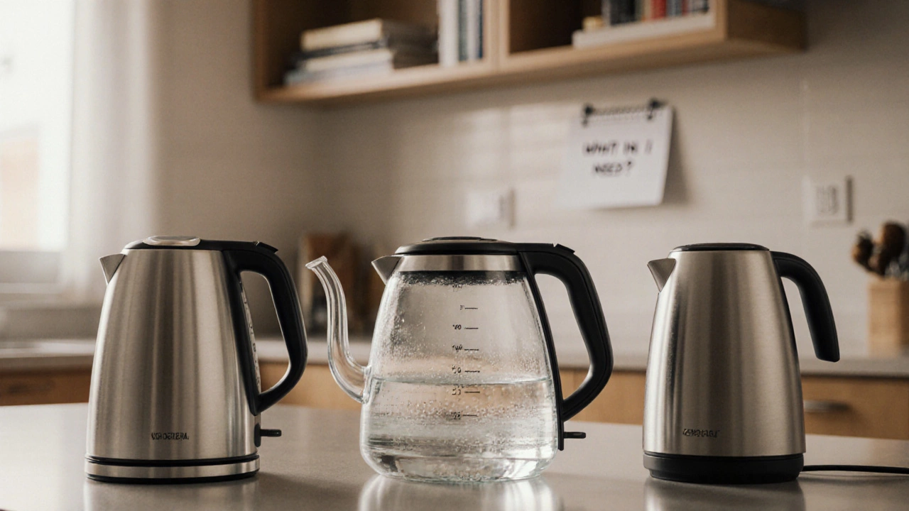 Мужчина сравнивает три электрических чайника на кухонном столе с заметкой &#039;Что мне нужно?&#039;