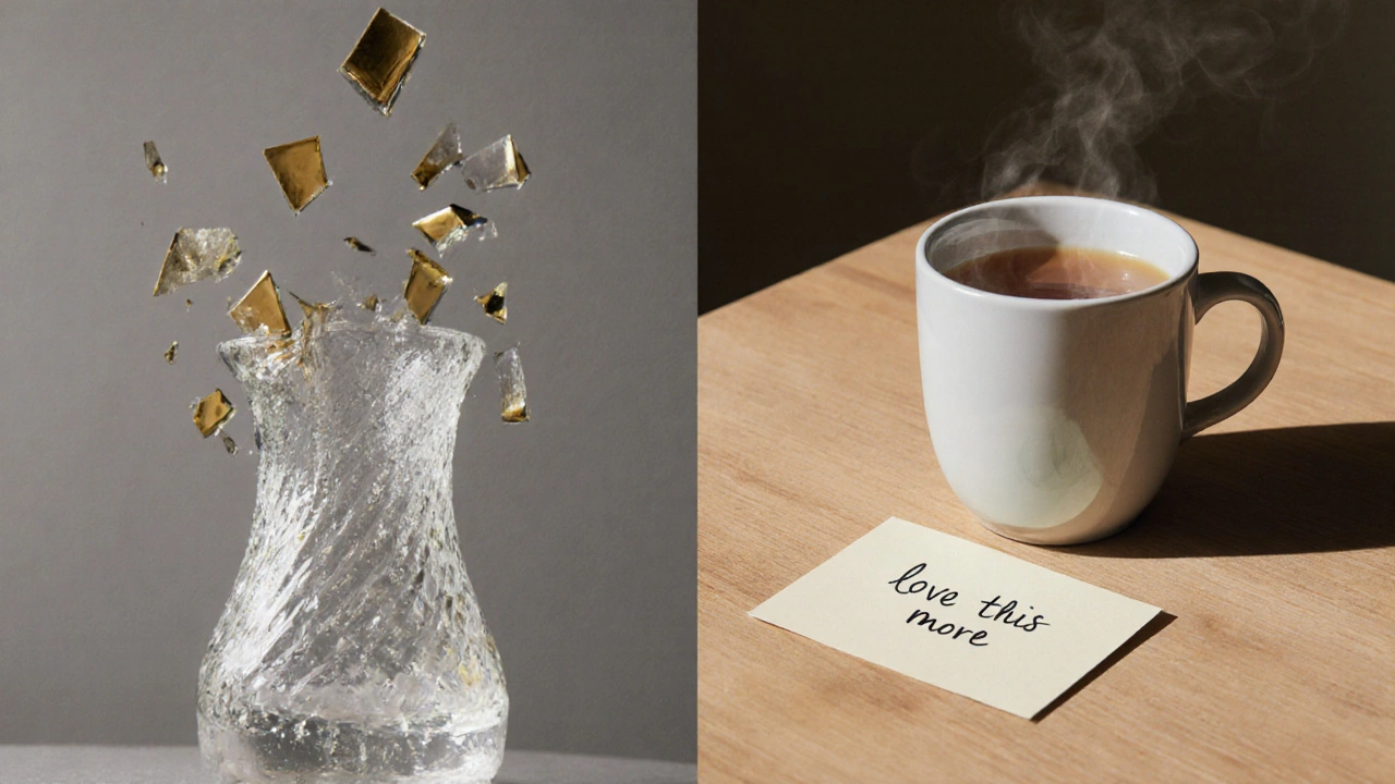 Разбитый хрусталь и простая кружка — контраст роскоши и повседневности на деревянном столе.