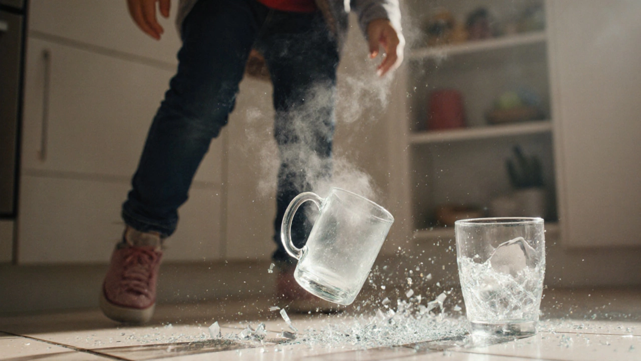 Ребёнок роняет кружку из Gorilla Glass — она цела, а рядом разбитый стакан, кухня в движении.