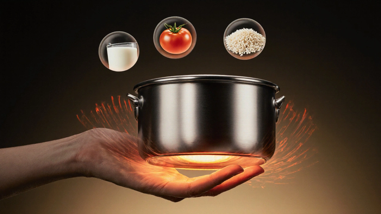 Рука держит кастрюлю с подсвеченным трехслойным дном, тепловые волны расходятся вокруг.