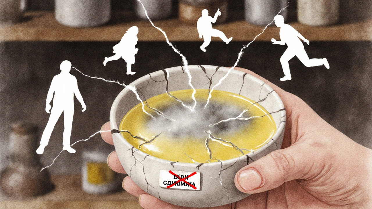 Рука держит керамическую чашку с лимонным соком, который поменял цвет, вокруг — призрачные формы свинца и кадмия.