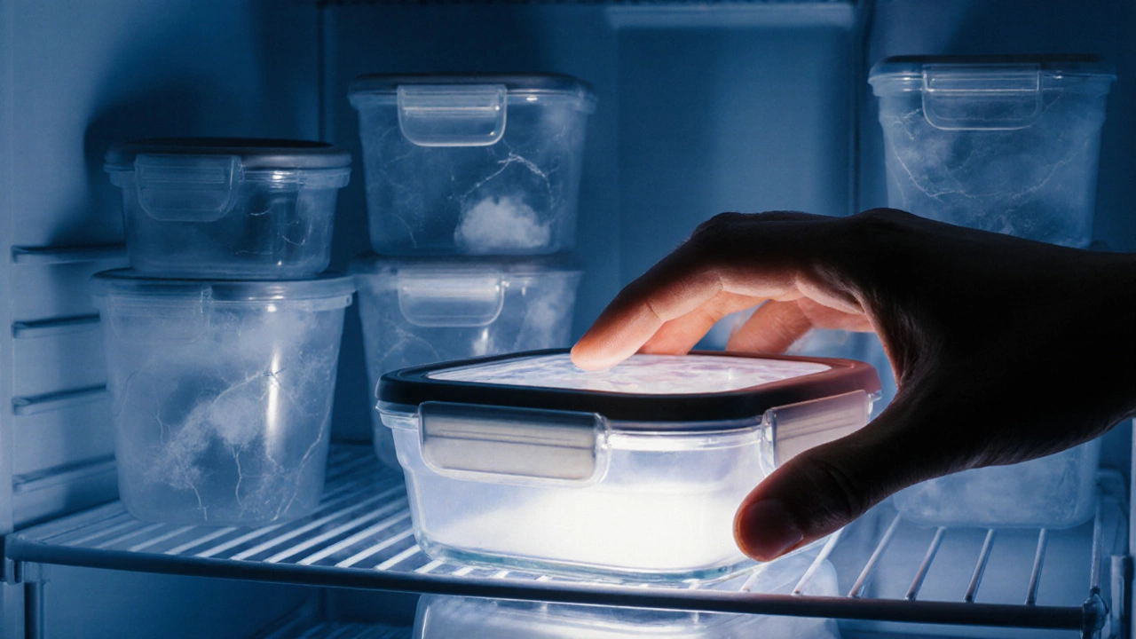 Рука кладет стеклянный контейнер в холодильник, а пластиковые контейнеры тускнеют в тени