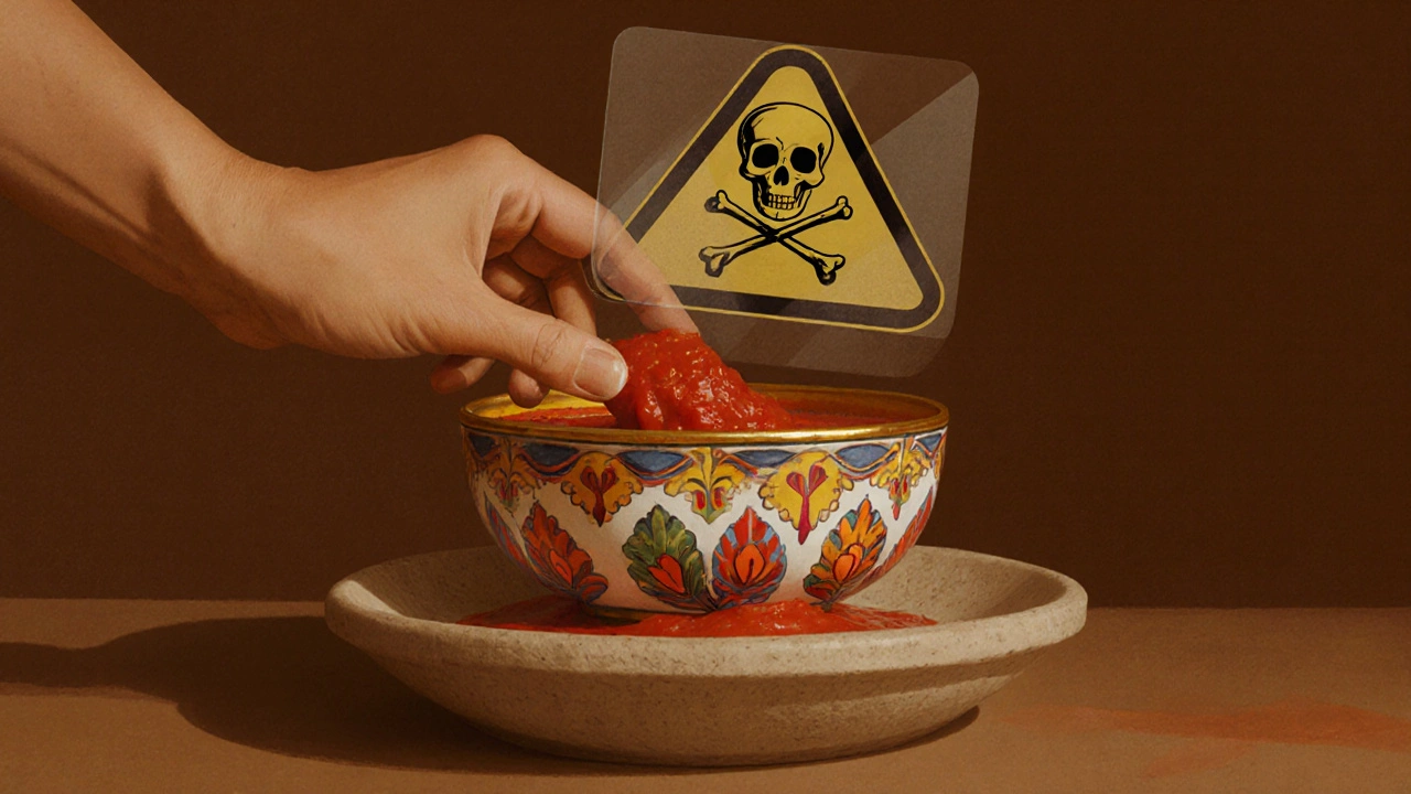 Рука наливает соус в яркий керамический миску с золотым ободком, над которой видны символы опасности.