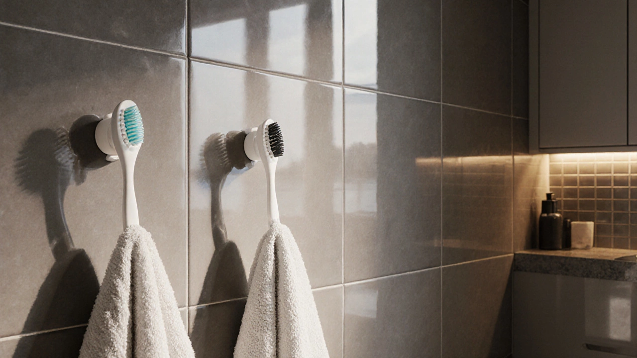 Съемные клеящиеся крючки на стене ванной с полотенцами и многофункциональной щеткой.