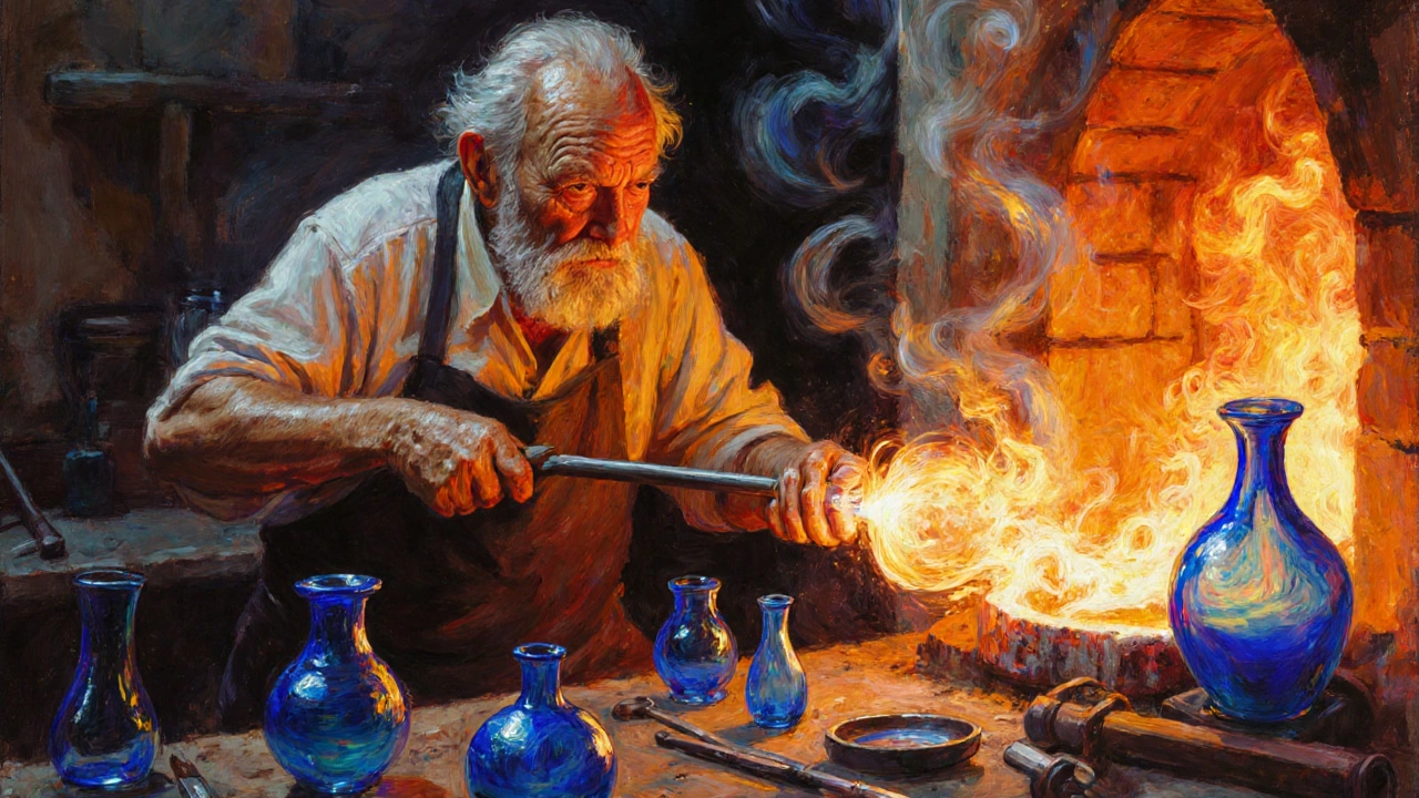 Старый мастер на Мурано выдувает стекло, огонь пекарни отражается в его глазах.