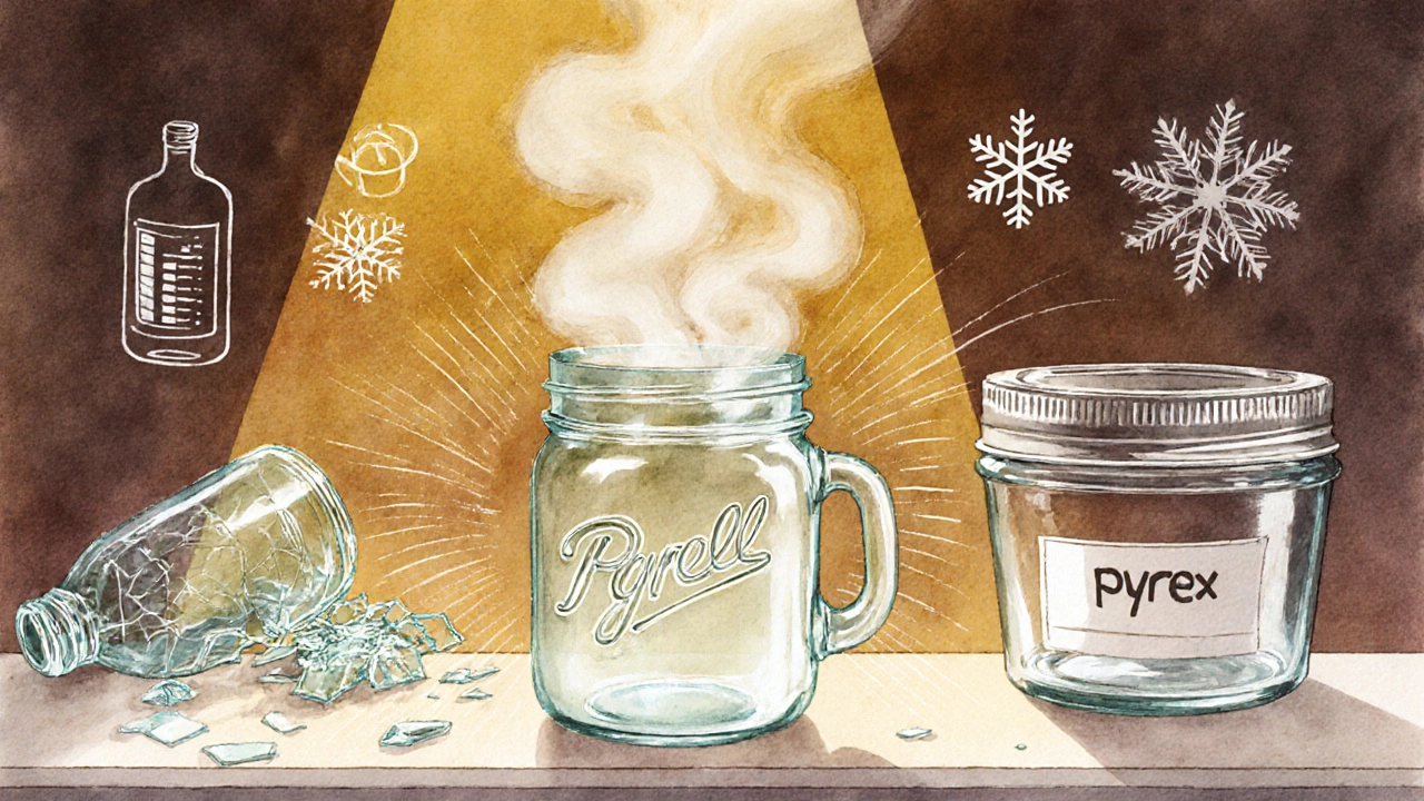Стеклянная банка переходит из морозилки в микроволновку, а рядом разбитая обычная бутылка