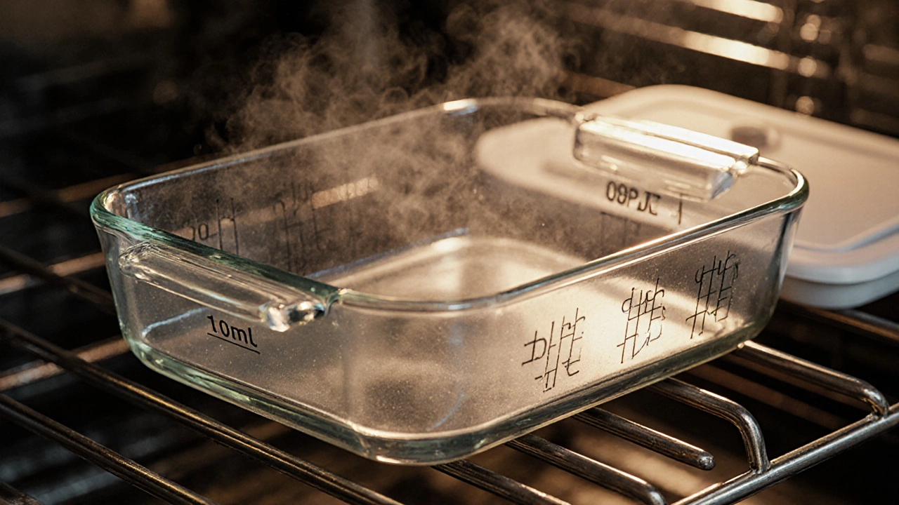 Стеклянная форма с отметками объёма и вентилируемой крышкой, вынутая из духовки