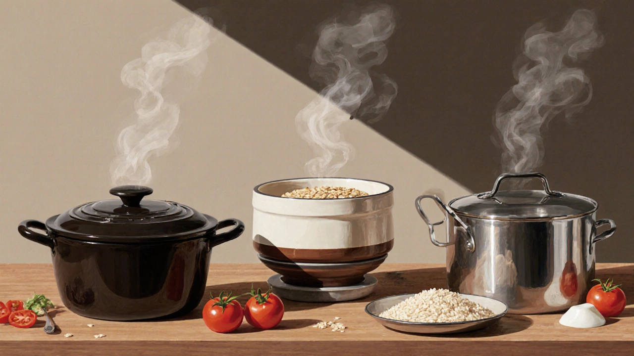 Три типа кастрюль на деревянной поверхности: чугунная, керамическая и нержавеющая, с продуктами рядом.