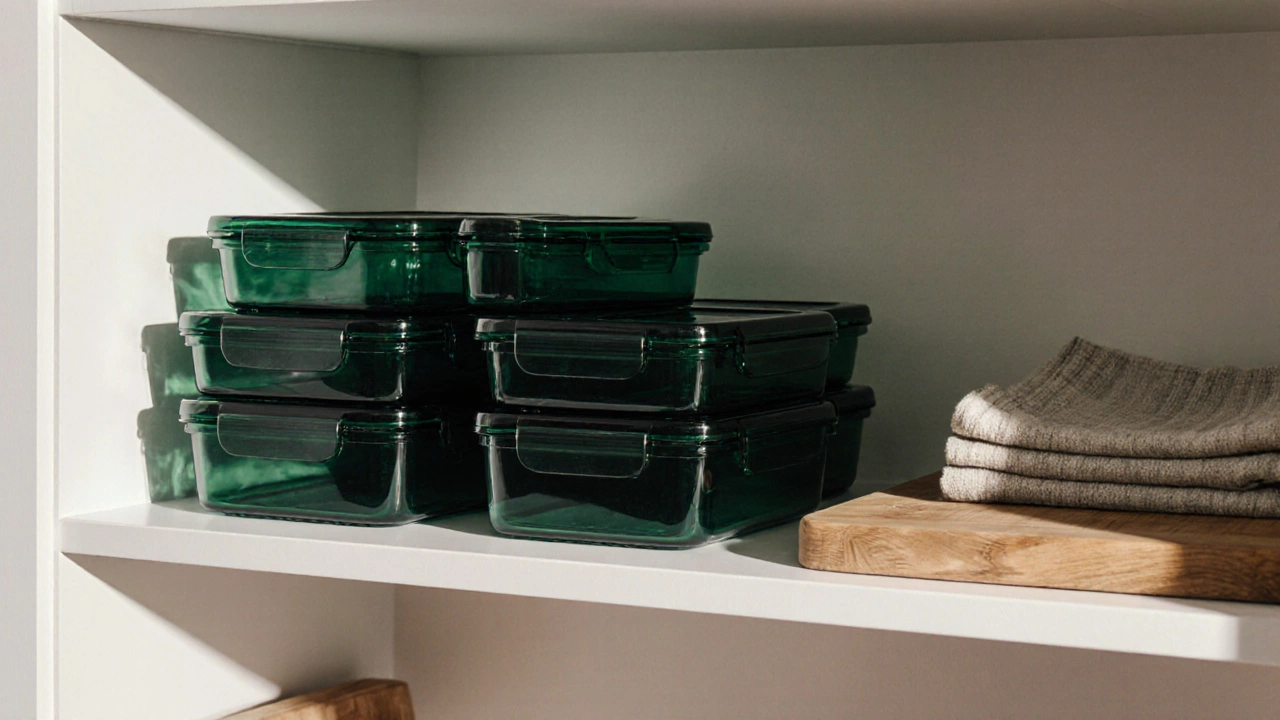 Упорядоченные стеклянные контейнеры с герметичными крышками на кухонной полке