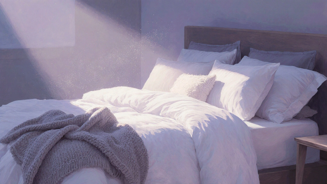 Уютная кровать с многослойным бельём и пледом в тёплых тонах