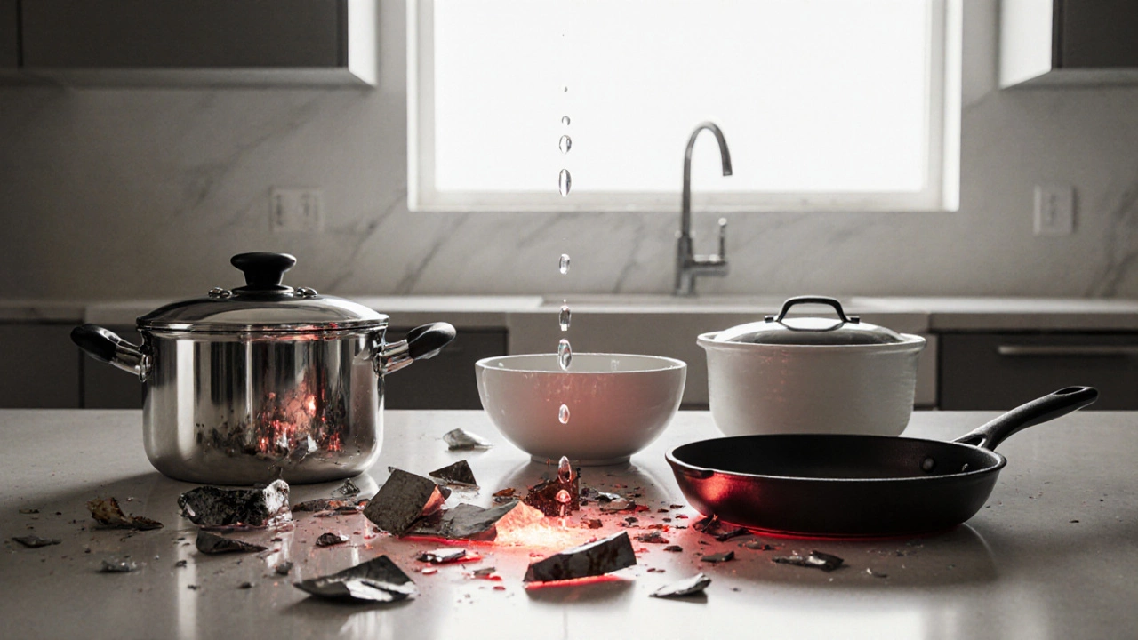 В чистой кухне — безопасная посуда в круге, вокруг неё — обломки опасной посуды, разбитые и светящиеся красным.