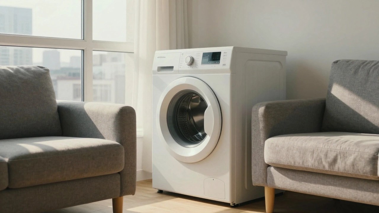 Белая стиральная машина и серый диван в светлой гостиной с окнами.