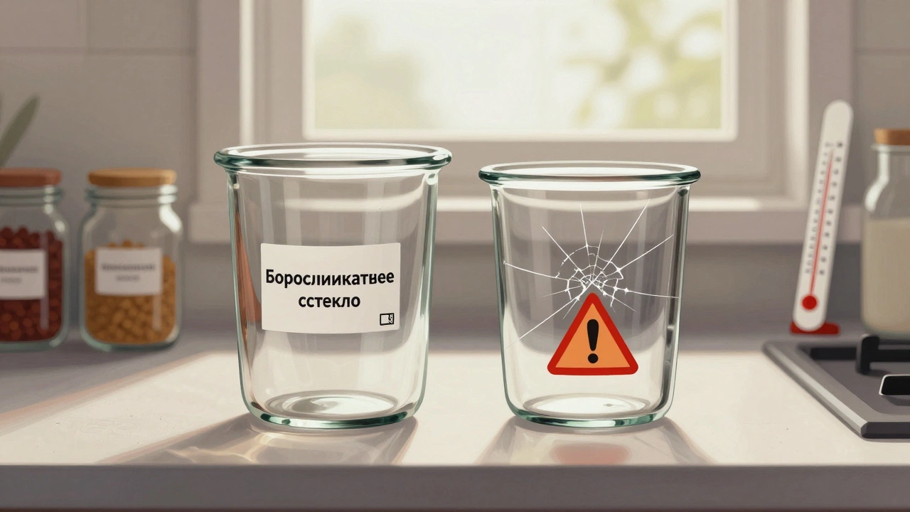 Два стеклянных контейнера: безопасное термостойкое стекло и треснувшее обычное, на кухонной полке.