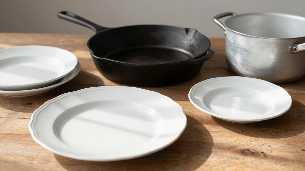 Фарфоровый сервиз на деревянном столе, одна тарелка с небольшим сколом, рядом — чугунная сковорода и кастрюля.