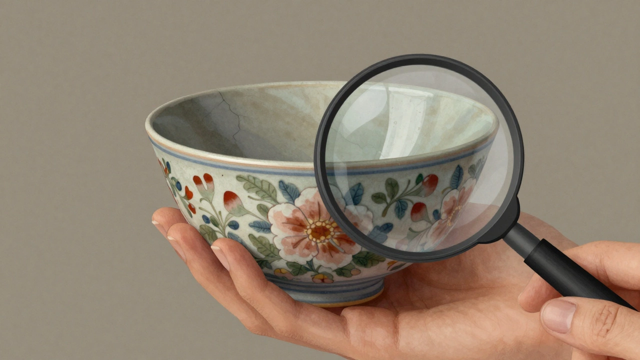 Керамическая миска с узорами, но с треснувшей глазурью, над которой видны токсичные частицы.