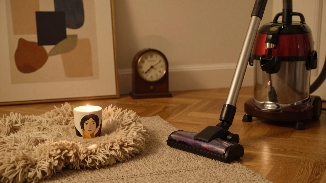 Керамическая свечка, шерстяной ковер и картина на стене в уютной обстановке.