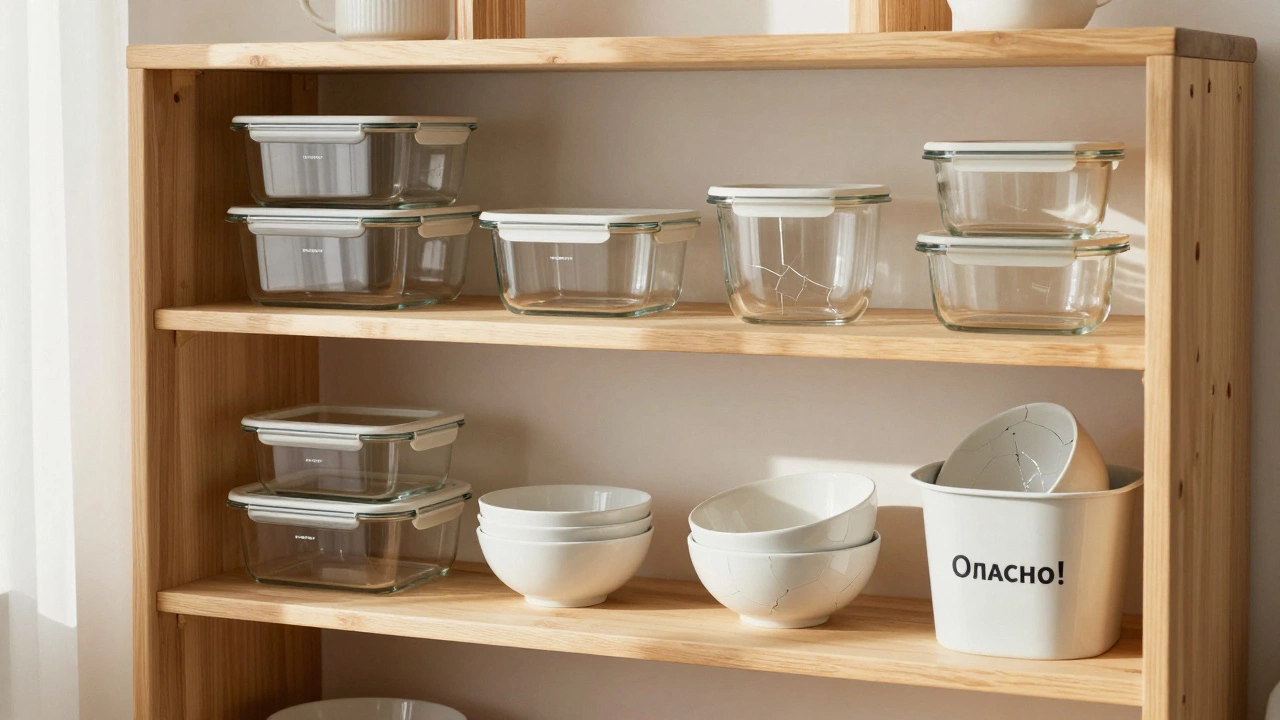 На полке только безопасная посуда с маркировкой, треснутые миски в корзине для опасных предметов.