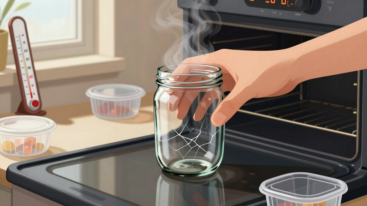 Рука кладёт стеклянную банку из морозилки в разогретую духовку — стекло не трескается.