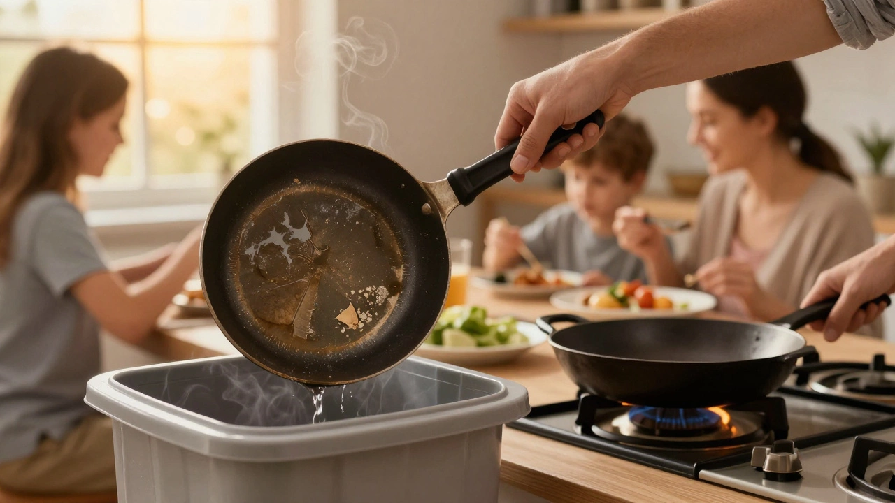 Рука выбрасывает старую сковороду с тефлоном в урну, другая кладёт чугунную на плиту — семья ест за столом.