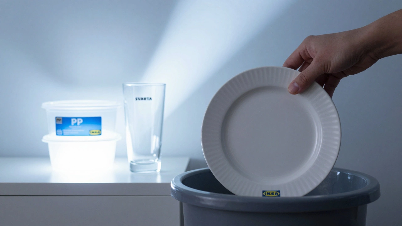 Старая посуда IKEA в контейнере для утилизации, рядом — новые безопасные изделия.