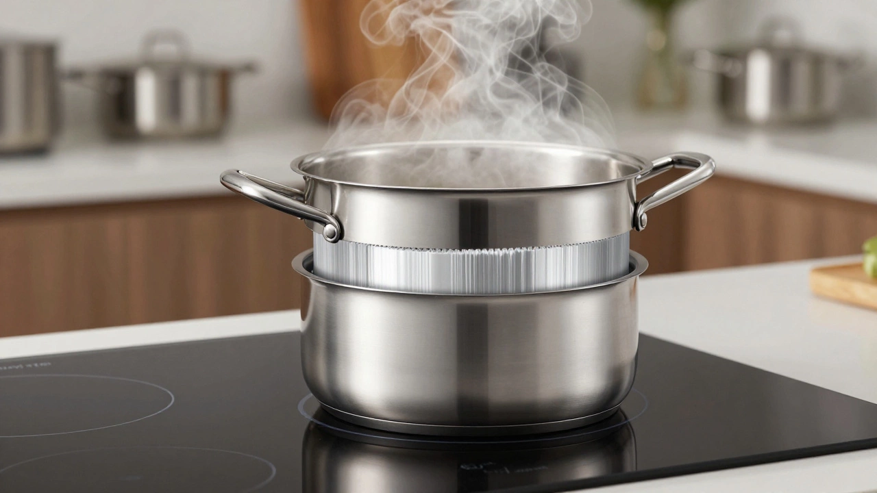 Трехслойная кастрюля из нержавеющей стали с видимым алюминиевым ядром на индукционной плите.