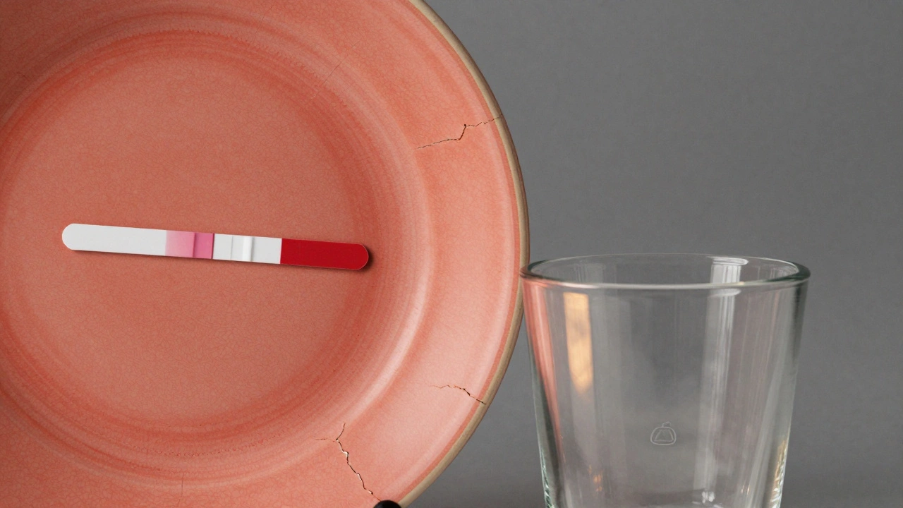 Трещины на старой керамической тарелке IKEA рядом с новым безопасным стаканом.