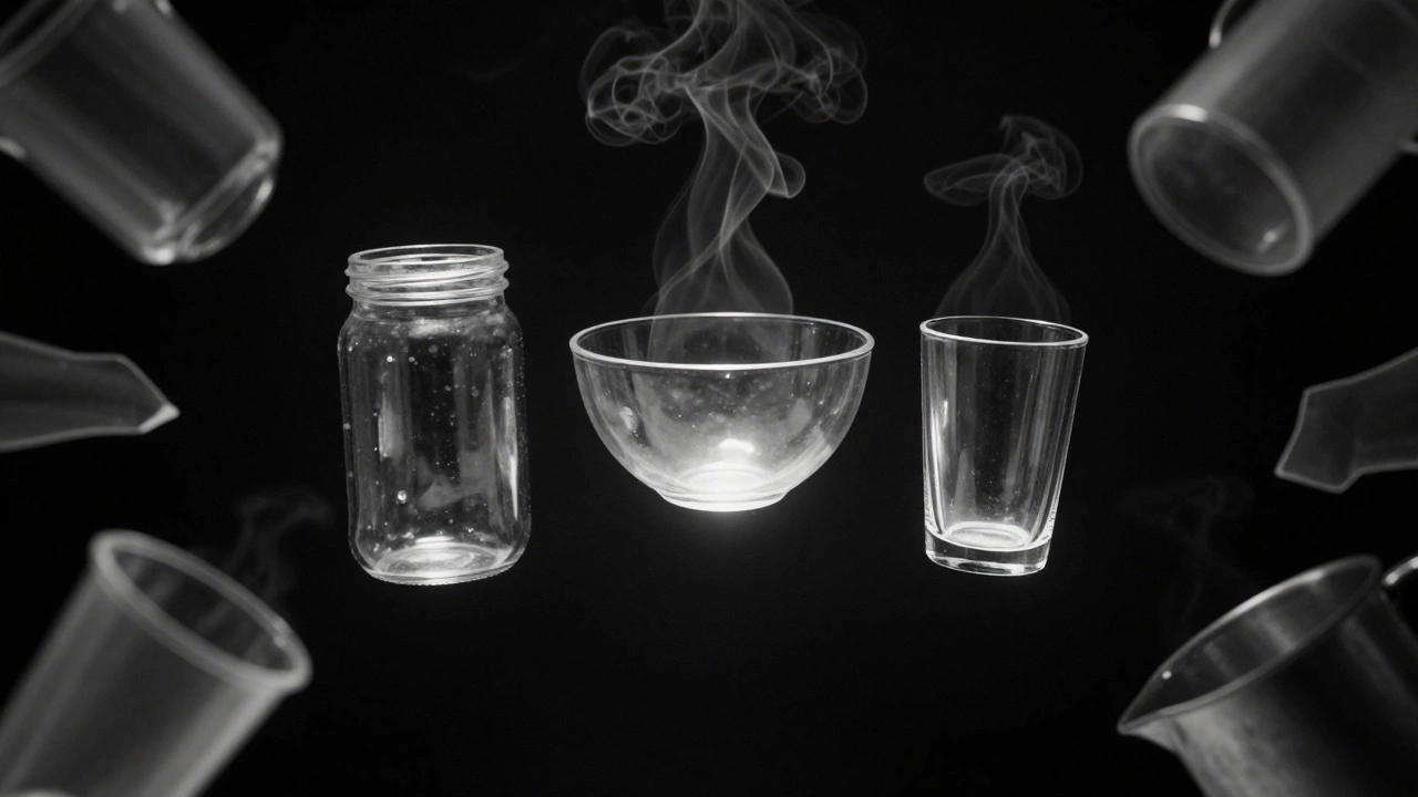 Три стеклянных предмета светятся в темноте, вокруг них тают пластик и керамика — символ вечности.