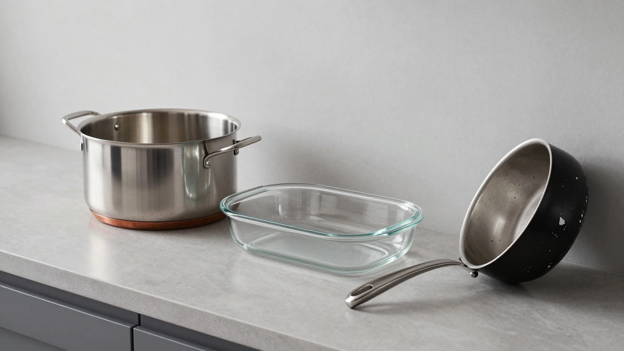 Три вида посуды на столе: нержавейка, стекло и треснувшая эмаль — сравнение качества.