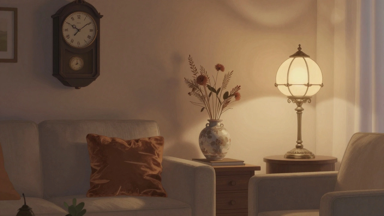 Уютная гостиная с декоративными предметами: часами, вазой, пледом и дизайнерской лампой.