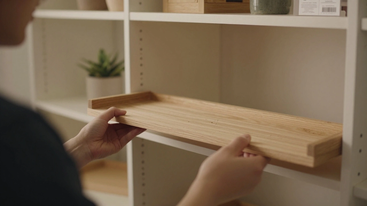 Человек держит самодельную полку рядом с такой же, купленной в магазине.